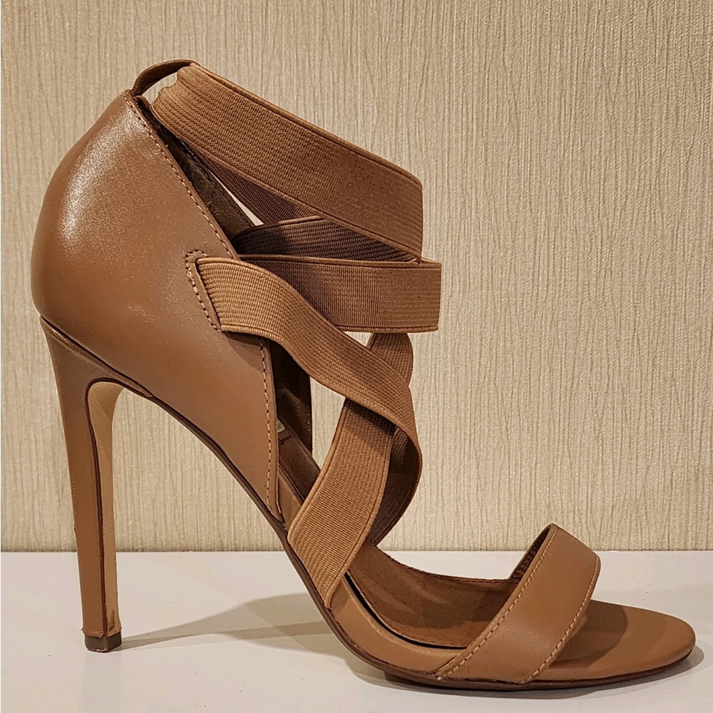 Steve Madden Open Toe Neutral Color Heels w/Elastic Crossing Straps sz 6 - Picture 8 of 14